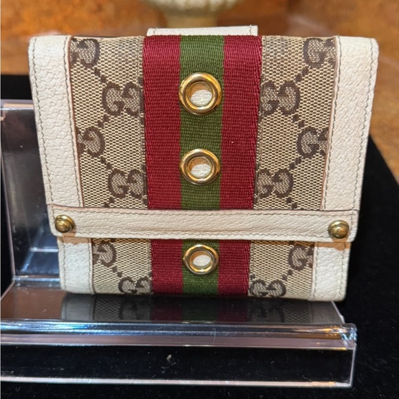 Gucci Handbags - Gucci Beige and Red Wallet with Green Stripe